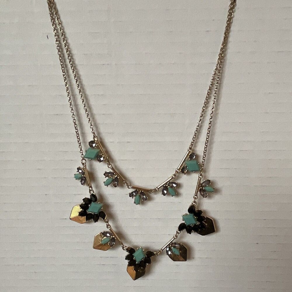 Statement Towne & Reese Oval Link Gold Tone Necklace Blue Black & Lucite Beads